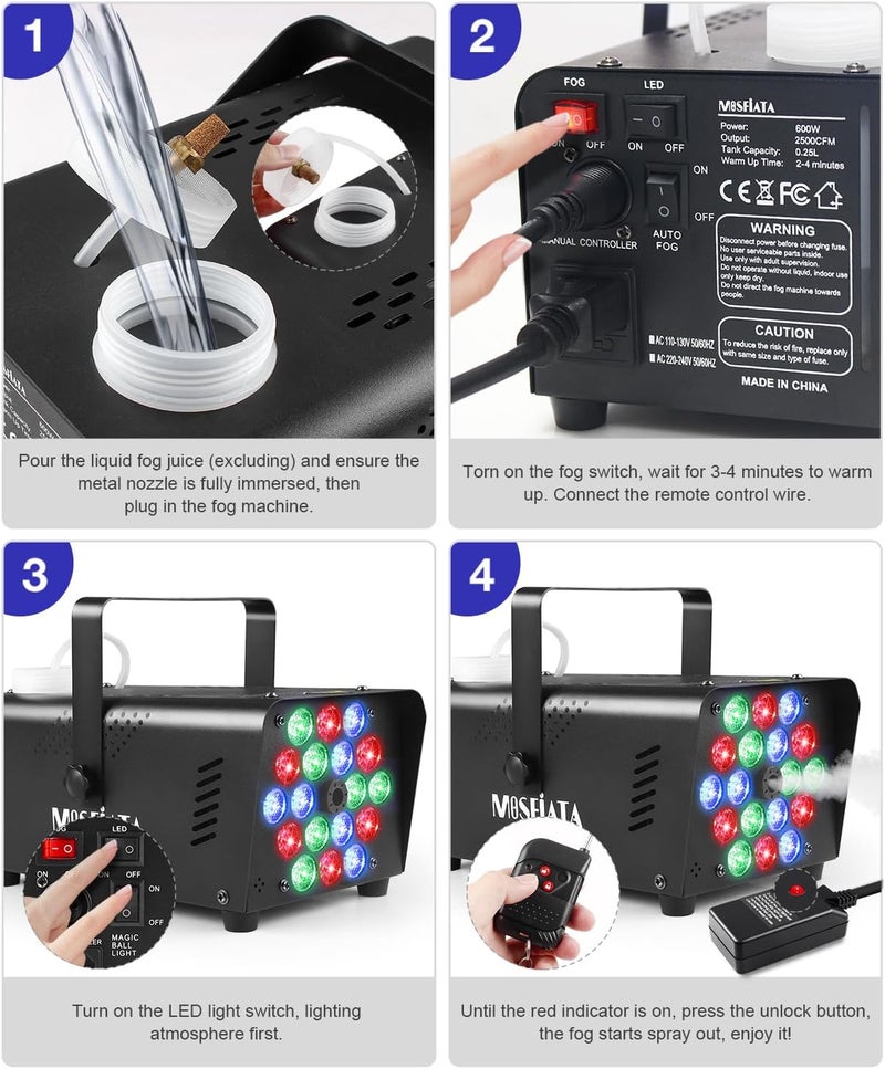 MOSFiATA Fog Machines with Lights, 600W Smoke Machine with 18 RGB LED Lights, 2300 CFM Spray, Remote Control, Perfect for Halloween, Christmas, Wedding, Party, Club, DJ Stage Effect - Image 3
